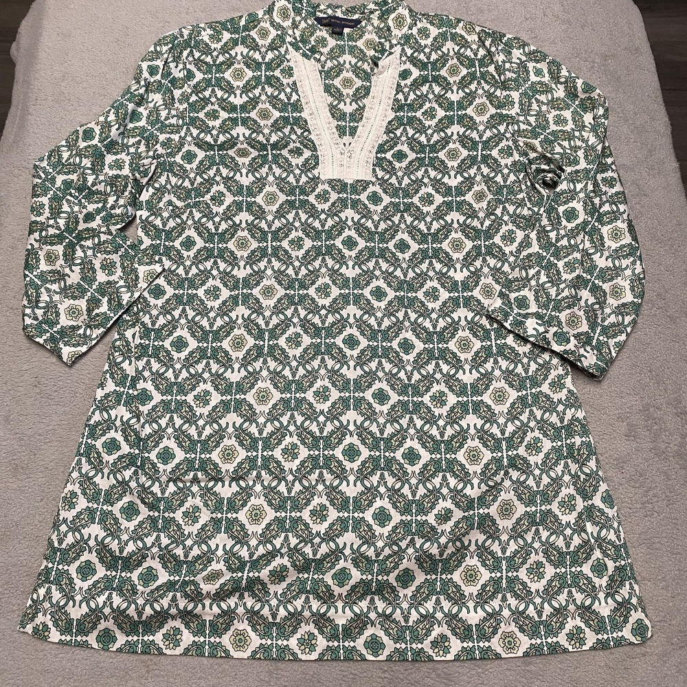 Brooks Brothers Tunic Top‎ Large Green Printed Paisley Flower V Neck Lace Trim